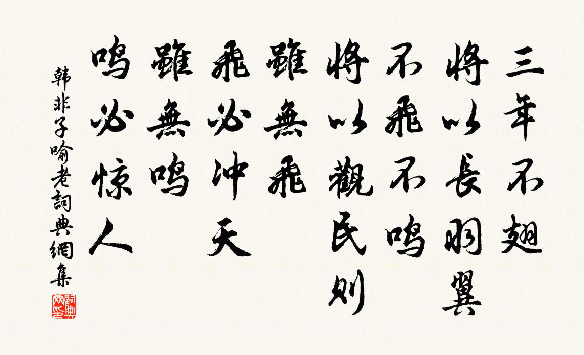 韓非及後人三年不翅,將以長羽翼;不飛不鳴,將以觀民則。雖無飛,飛必沖天;雖無鳴,鳴必驚人。書法作品欣賞