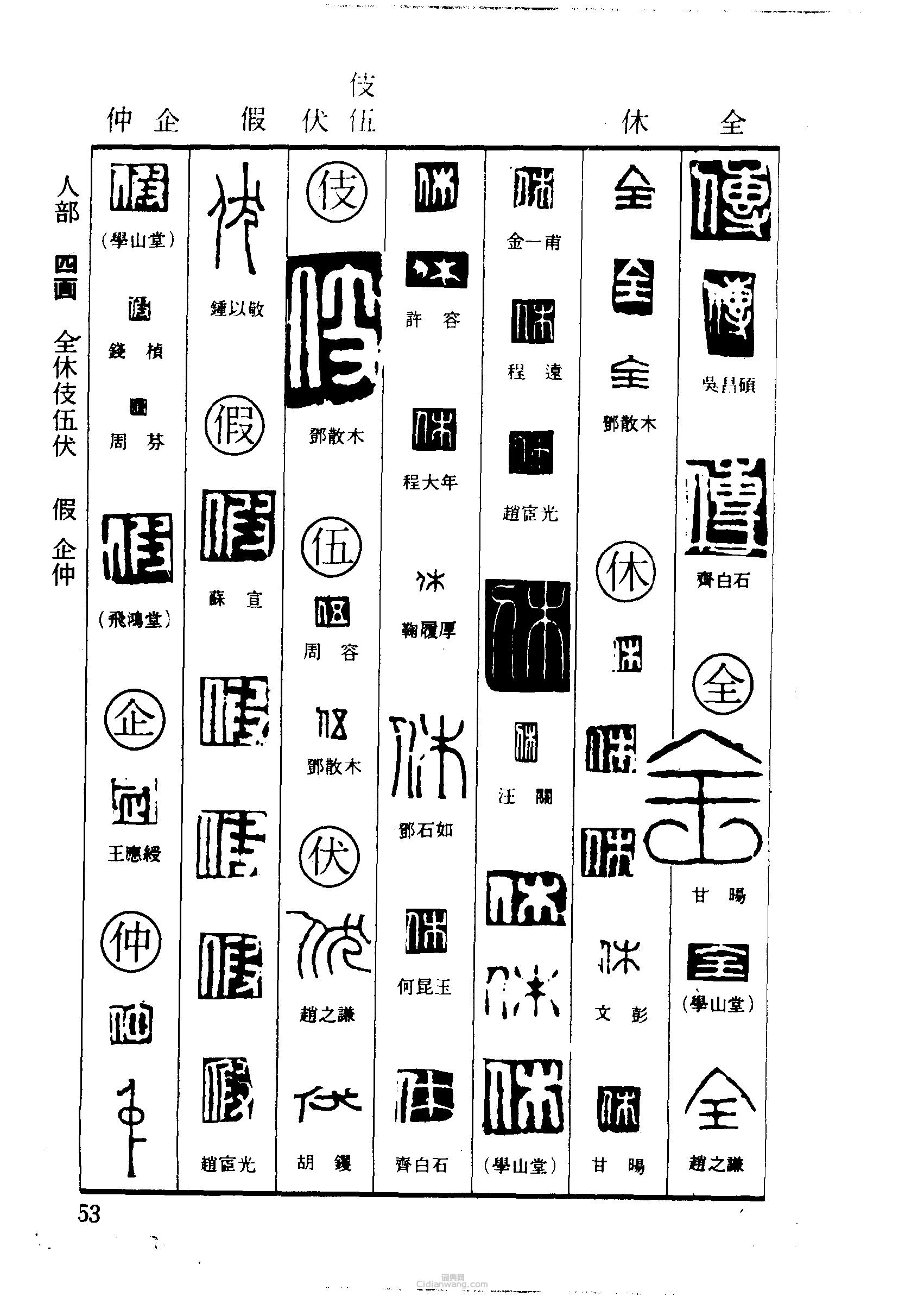 “傅全休伎伍伏假企仲”篆刻印章